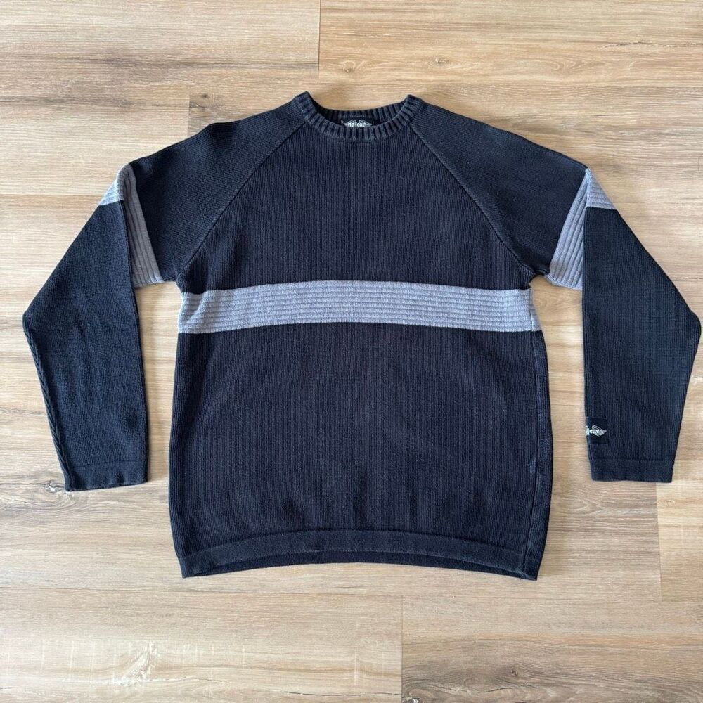 Vintage 90s No Fear Crewneck Sweater Black Gray Stripe Size XL Single Stitch